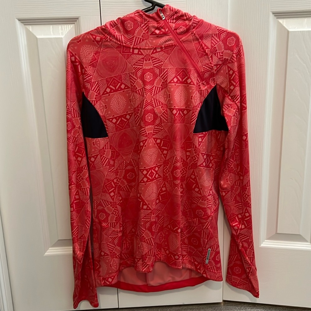 Orange hooded asymmetrical zip workout fleece top
